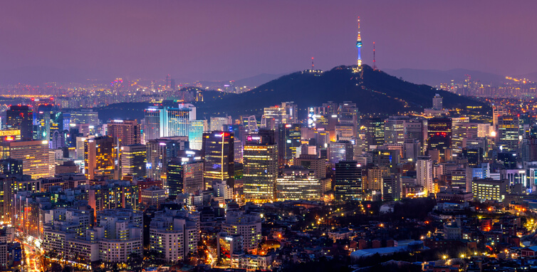A skyline image of Seoul, South Korea.