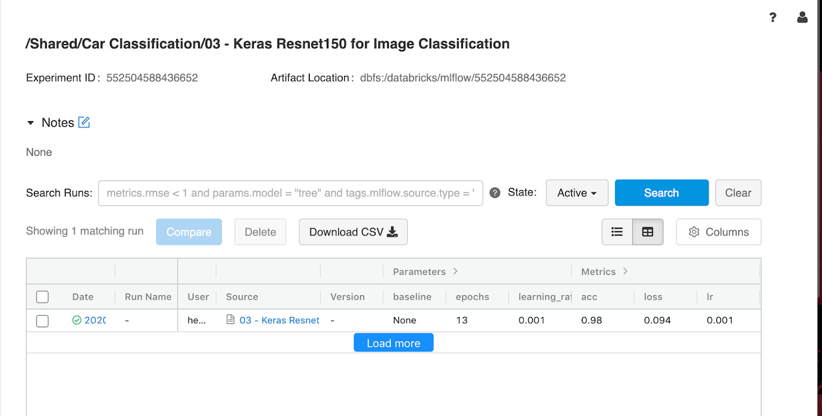 Example Keras model deployed to an Azure Container Instance made possible by MLflow’s Azure ML integration.