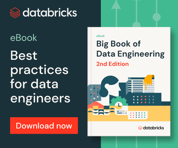 Databricks eBook advertisement featuring illustrations of data engineering resources and tools