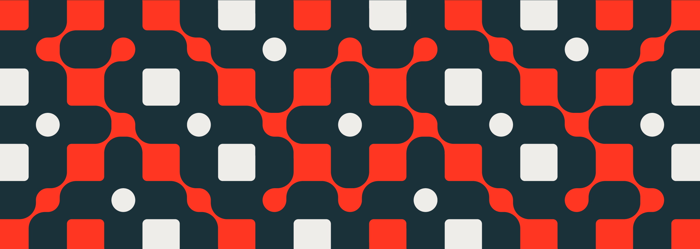 Repeating pattern of diagonally connected red squares with white circles interspersed