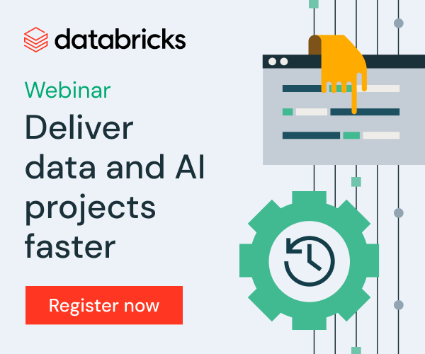 Databricks webinar advertisement promoting 'Deliver data and AI projects faster' with icons and graphics related to data and AI