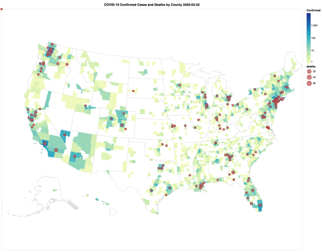 3/22のAltair Choroplethの地図を用いた確定症例数（郡単位）と死亡者数（緯度・経度で測定）の比較（ジョンズ・ホプキンス大学のCOVID-19データセットを使用） 