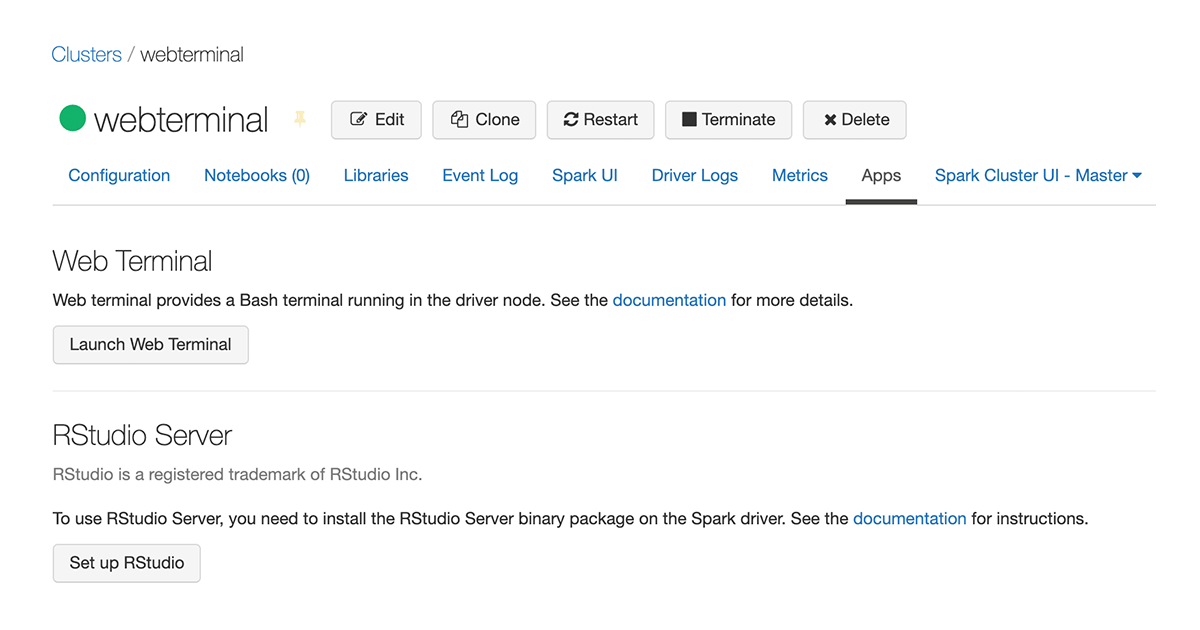 There are two ways to open the Databricks web terminal on a cluster. You can go to the Apps tab under a cluster’s details page and click on the web terminal button.