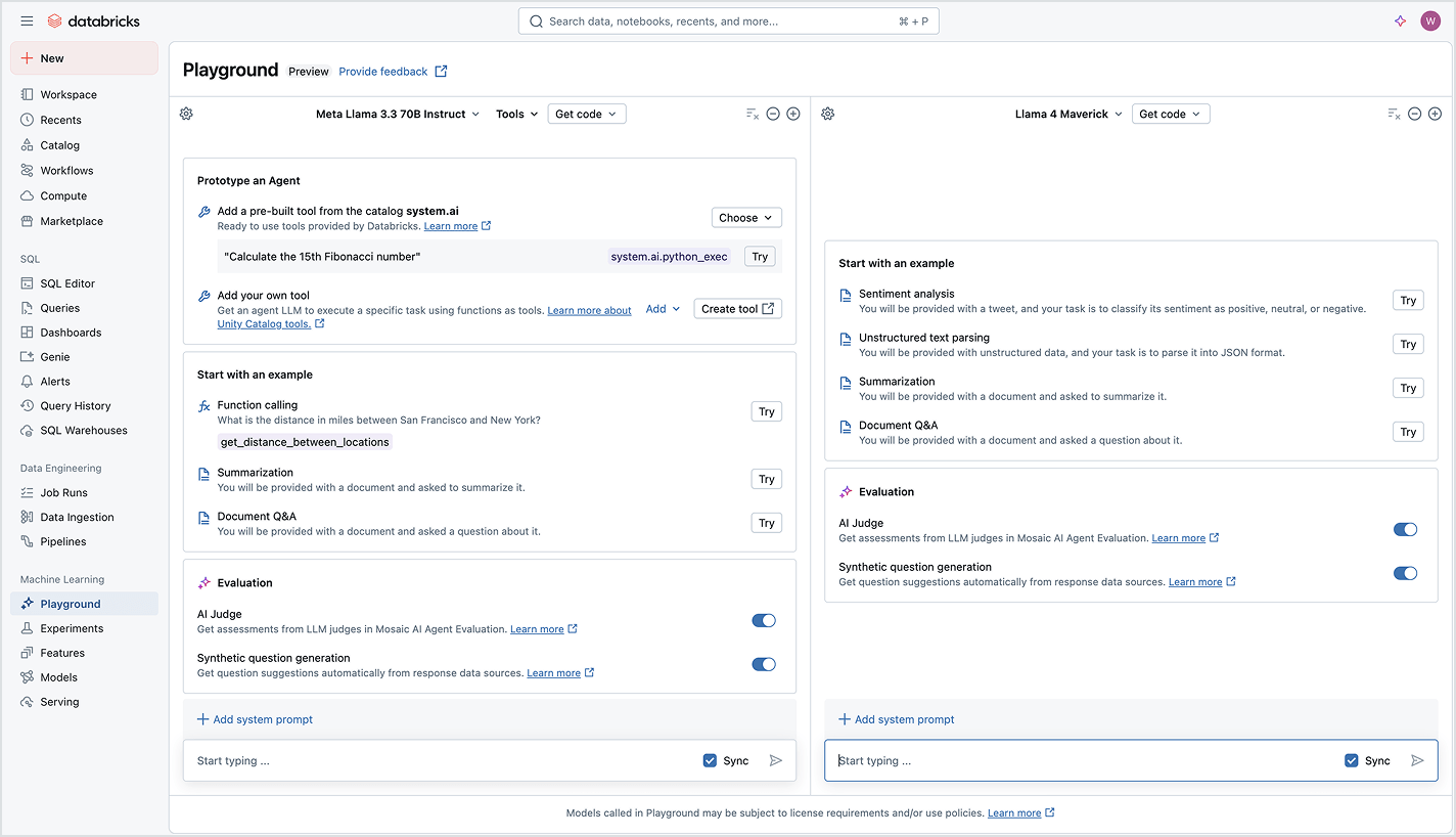 Databricks Playground for LLM agent prototyping