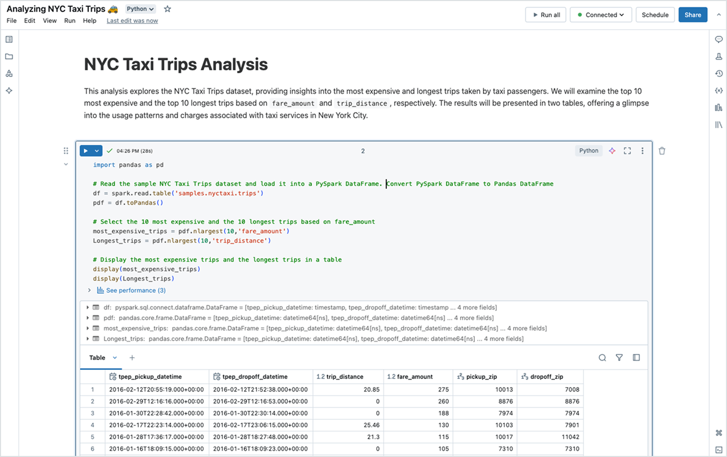 Python code and data table for NYC taxi analysis.