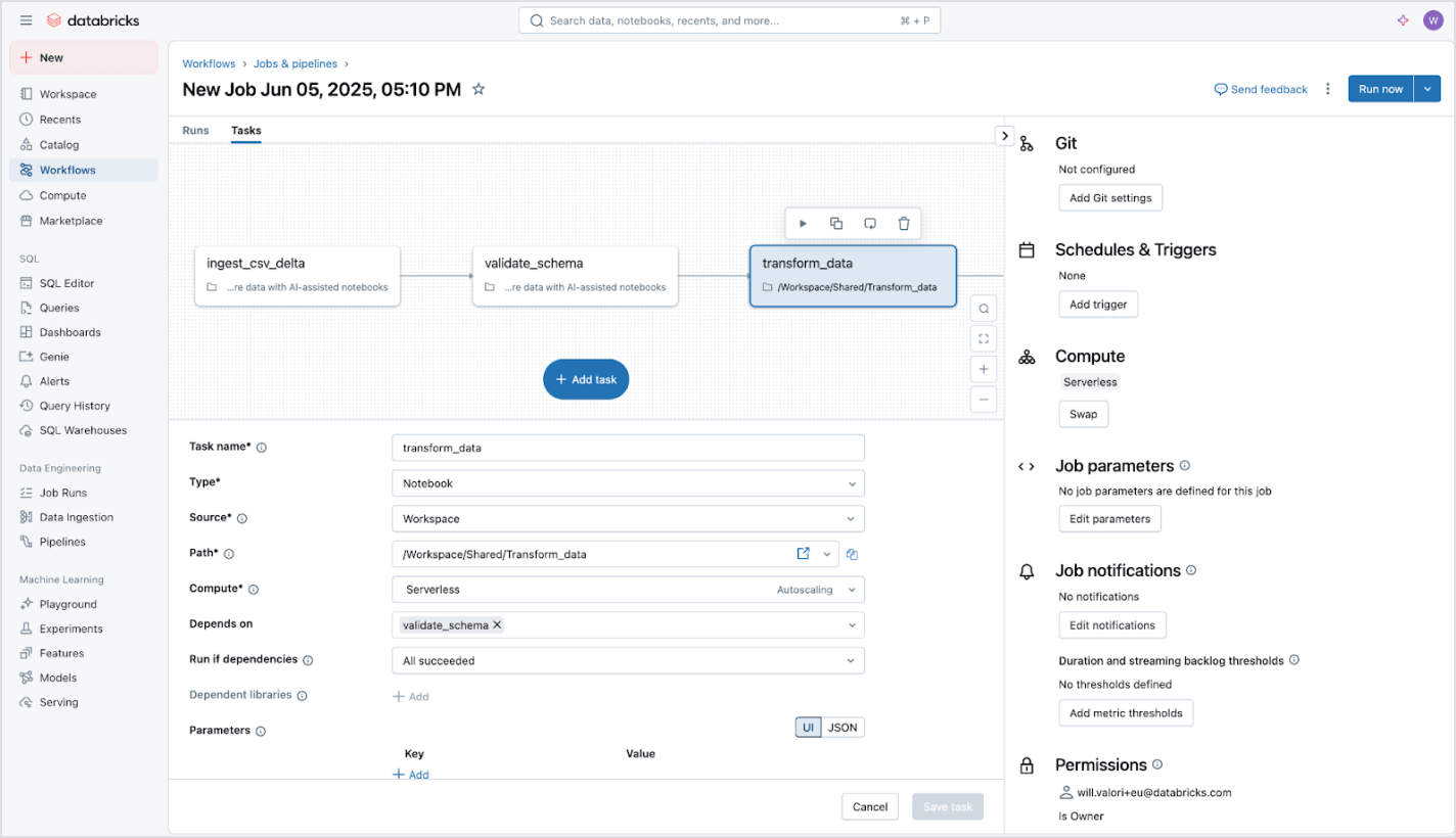 Databricks UI: data workflow and task details.