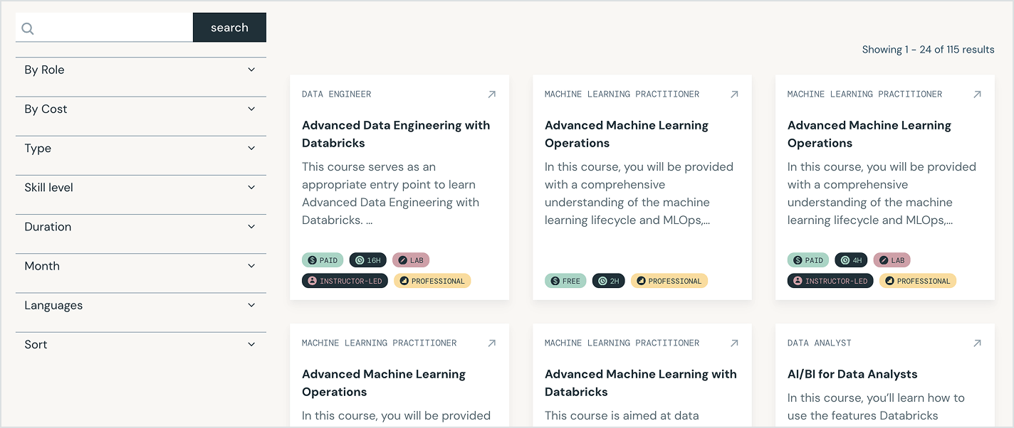 Course search results with filters.
