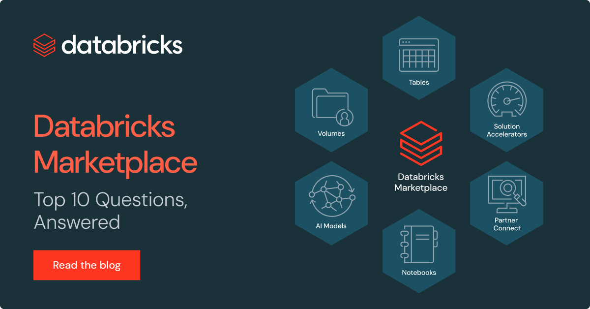 Databricks Marketplace 블로그 "Top 10 Questions, Answered"를 안내하는 배너 이미지. 오른쪽 가운데 Databricks Marketplace 로고를 중심으로 Tables, Volumes, AI Models, Notebooks, Solution Accelerators, Partner Connect의 기능을 소개하는 육각형 아이콘들이 배치된 홍보 배너
