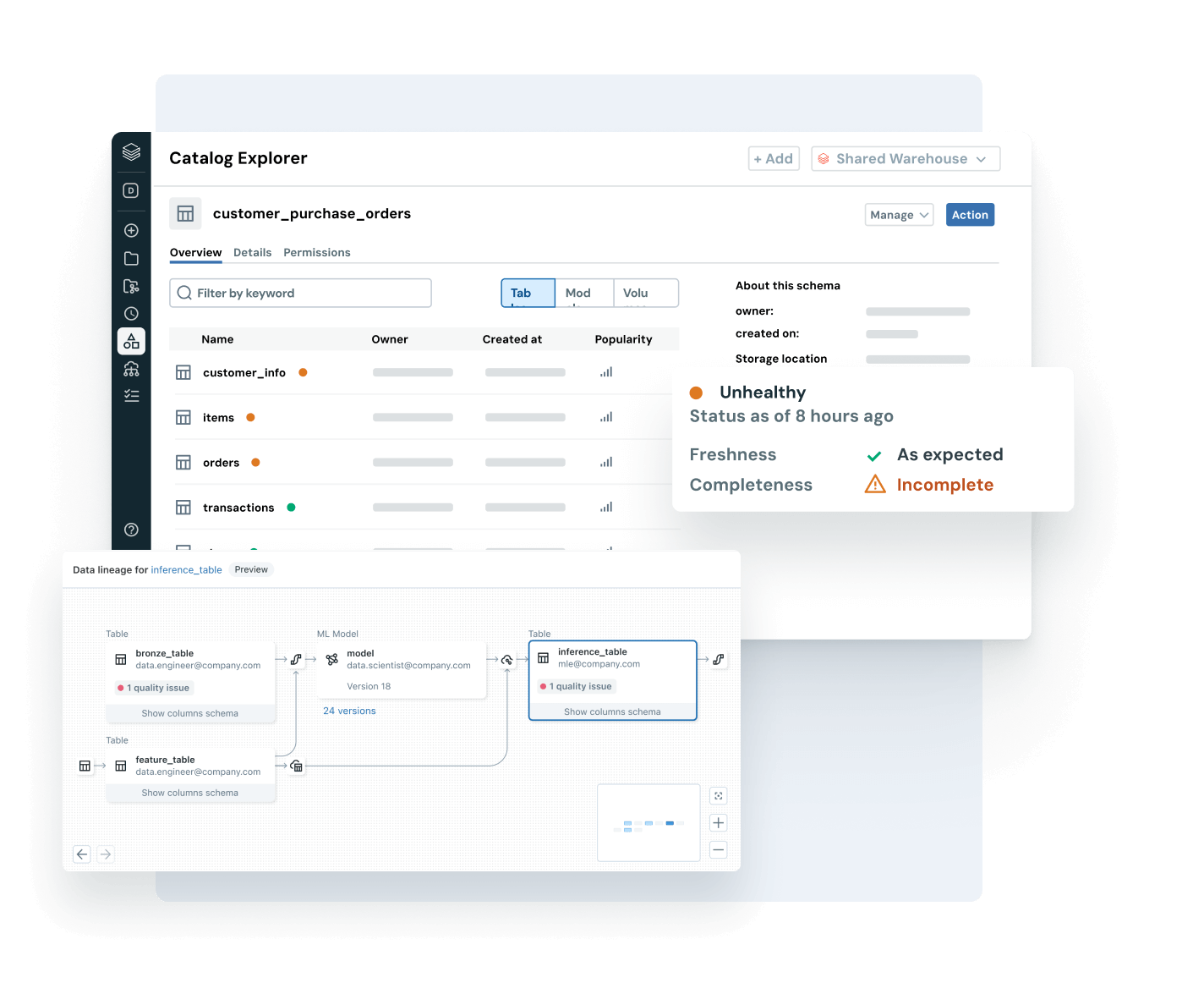 Data catalog dashboard with tables, status, and data lineage