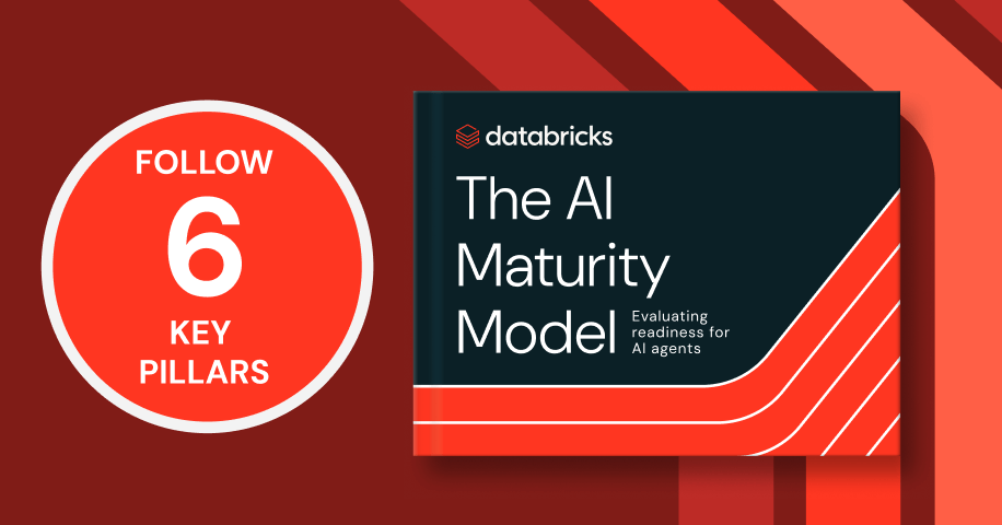 Databricks AI Maturity Model cover with Follow 6 key pillars circle.