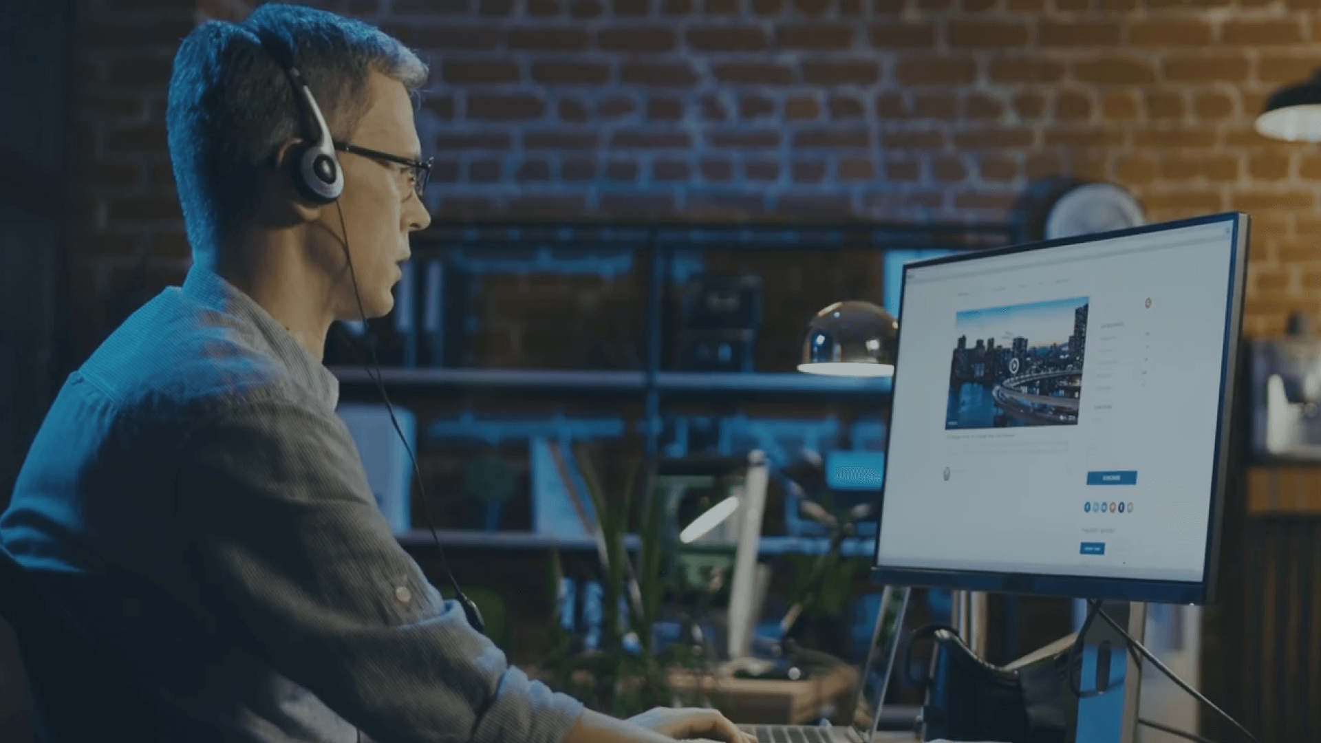 Man wearing headset working at a computer in an office.