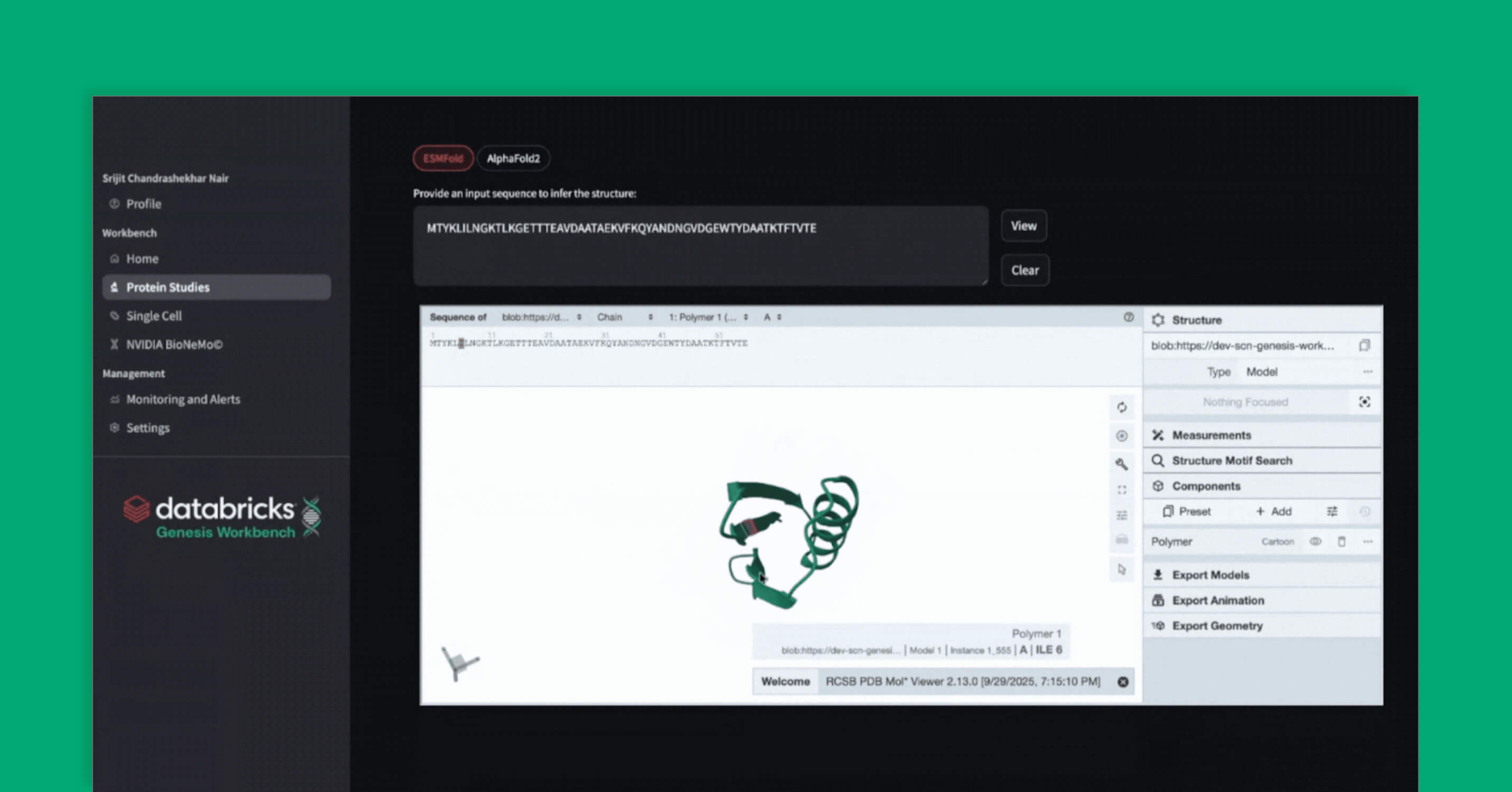Protein structure visualization on Databricks Genesis Workbench.