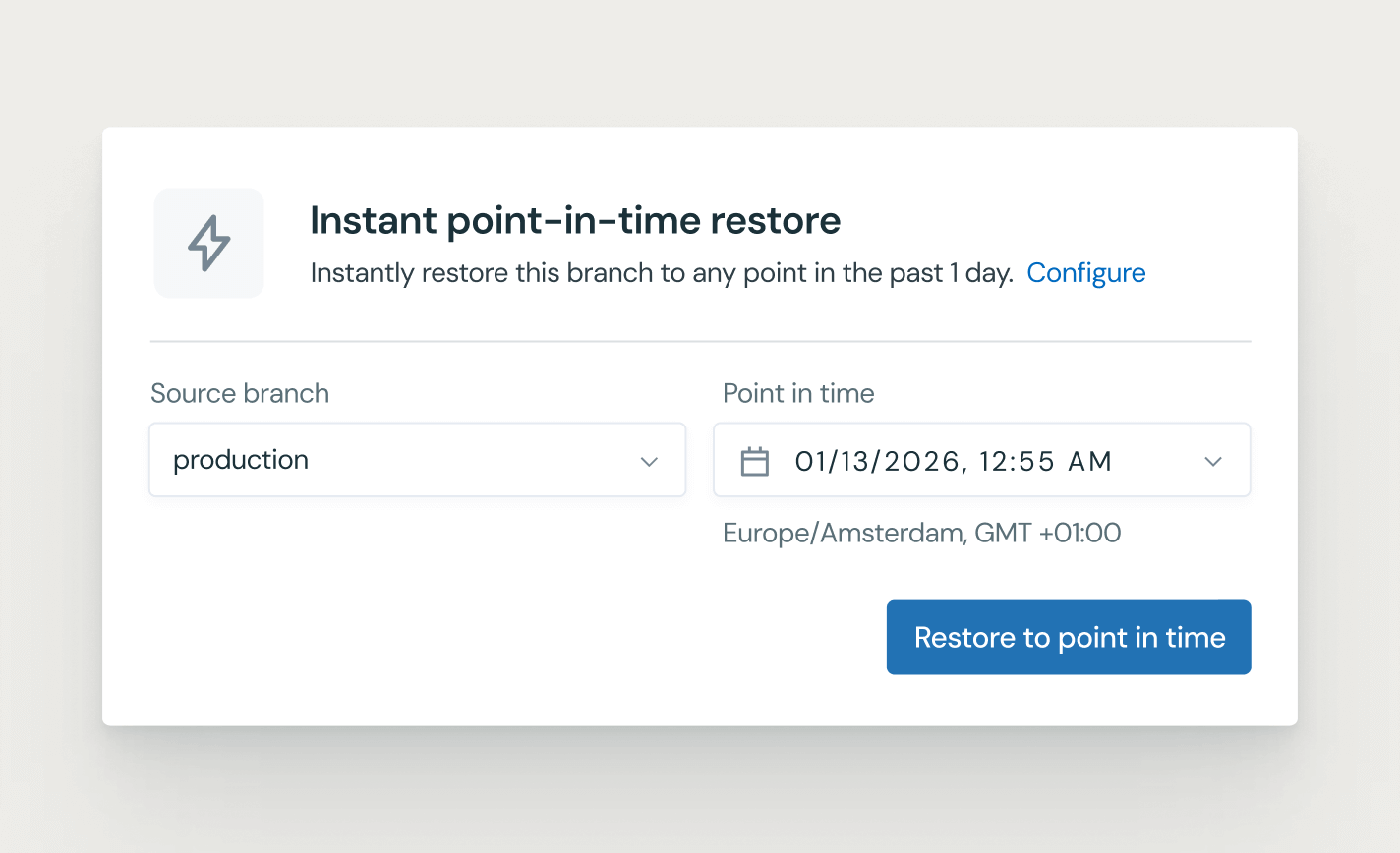 Lakebase instant point‑in‑time restore panel showing source branch, timestamp picker, and “Restore to point in time” button.