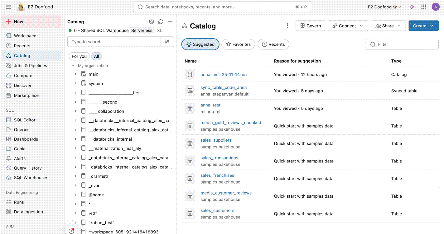Databricks Catalog view showing suggested catalogs and tables with a sidebar of workspace navigation.