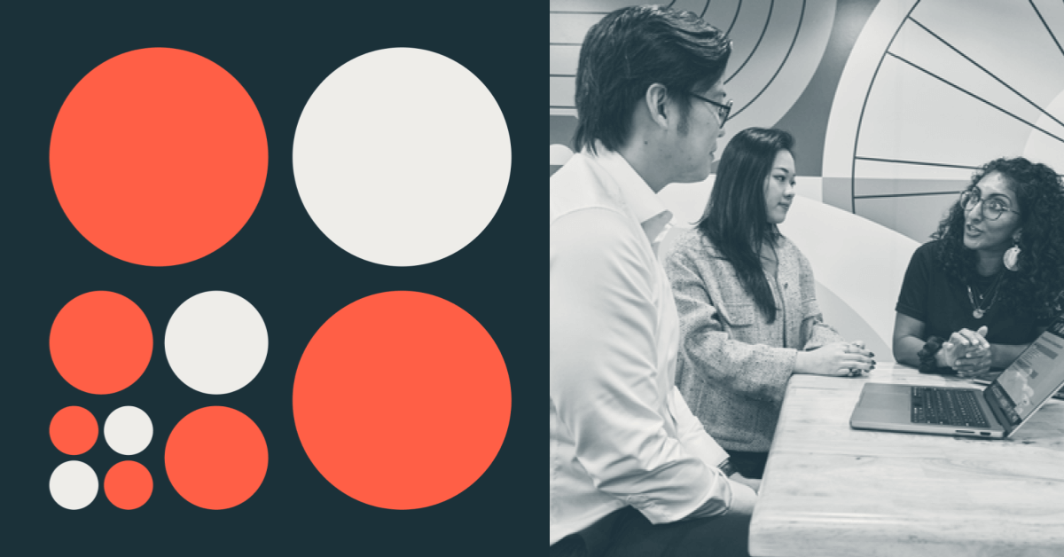 Red, white circles on navy blue background, with black and white image of three employees collaborating