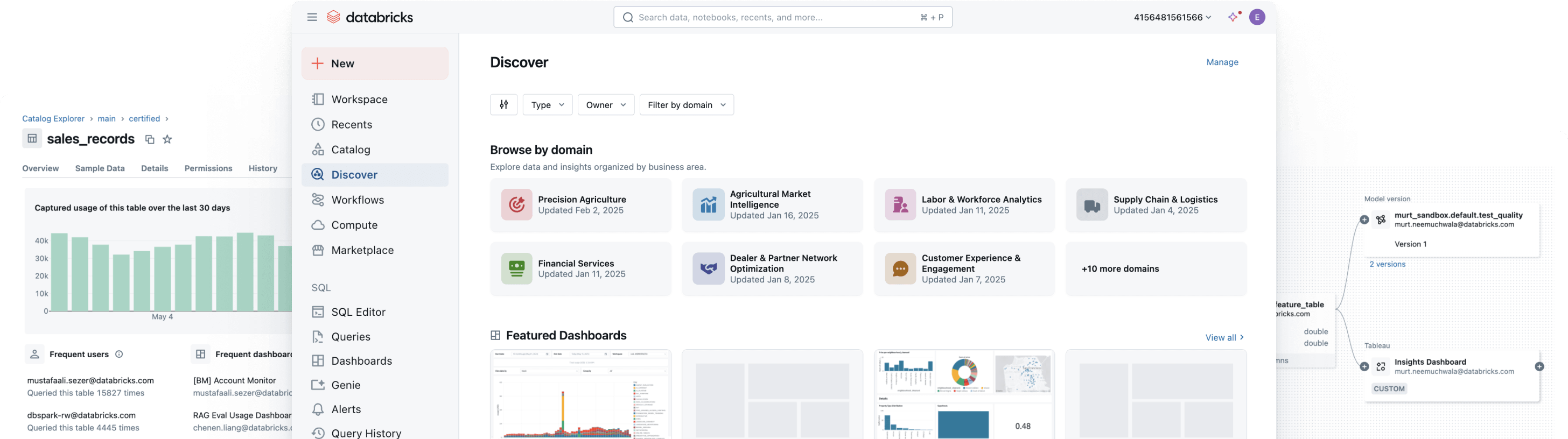 Databricks Unity Catalog 인터페이스 화면으로, 데이터 카탈로그 탐색(Discover), 도메인별 데이터 검색, 접근 권한 관리, 테이블 사용량 모니터링, 대시보드 및 모델 계보(Lineage) 시각화를 통해 데이터와 AI 자산을 중앙에서 관리하는 통합 거버넌스 환경을 보여준다.