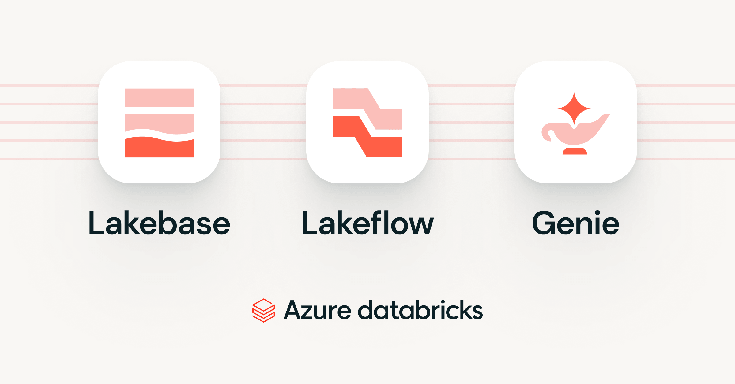 Azure Databricks banner on a light background featuring three icons labeled Lakebase, Lakeflow, and Genie, connected by horizontal lines, with the Azure Databricks logo beneath.