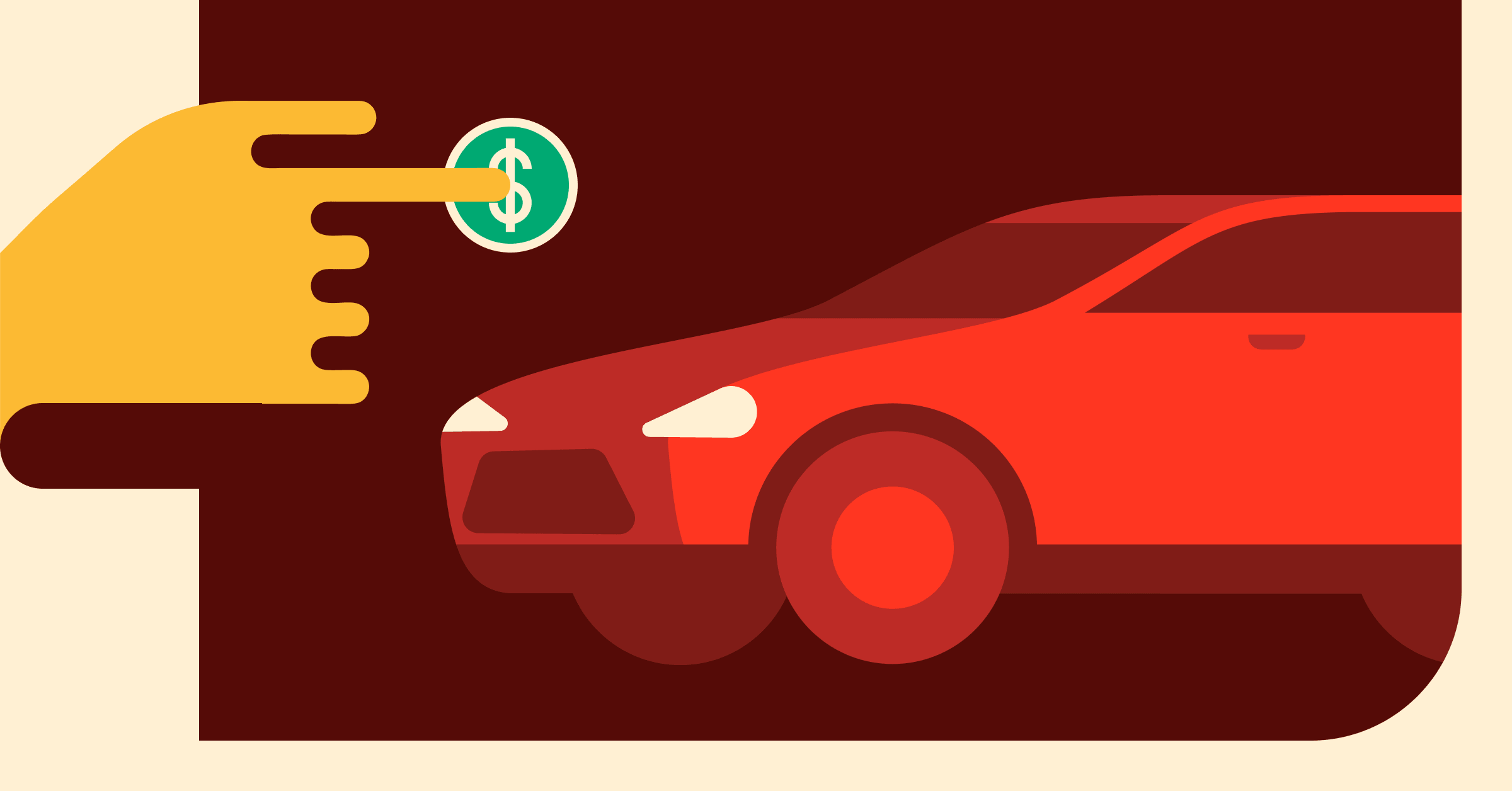Flat illustration of a hand holding a green dollar coin toward a red car on a dark red background.
