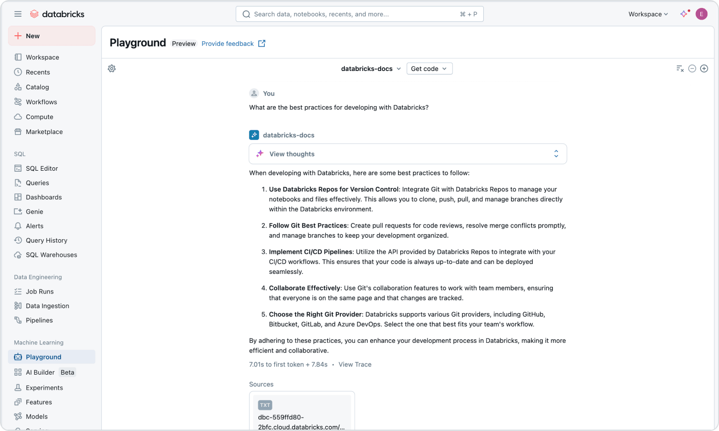 Databricks Playground에서 AI 에이전트가 "Databricks 개발 모범 사례"에 대한 질문에 RAG 기반으로 문서 소스를 인용하며 답변을 생성하는 화면