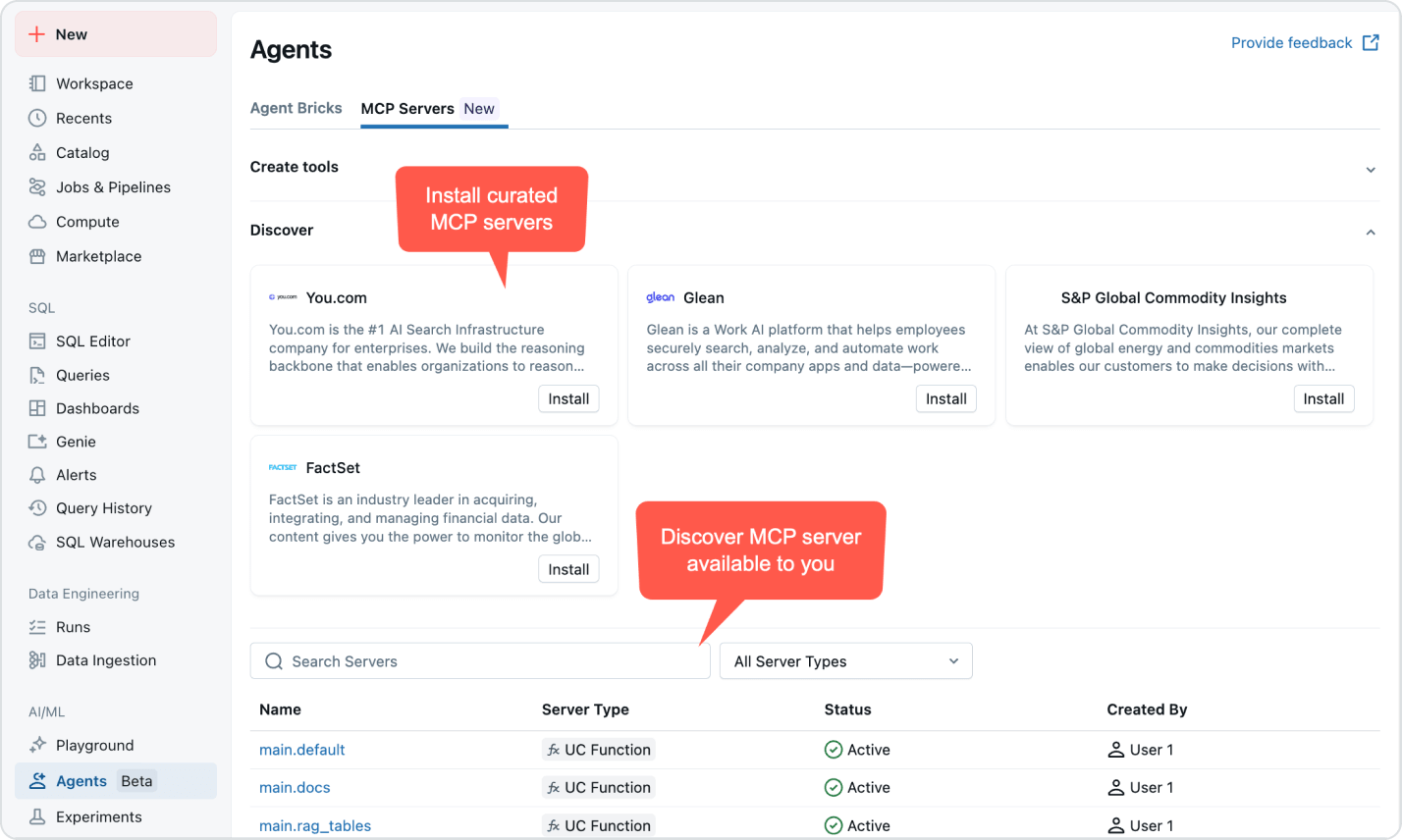 Databricks Agents의 MCP Servers 탭 — You.com, Glean, FactSet 등 외부 MCP 서버를 설치하고 에이전트 도구로 연결하는 마켓플레이스 화면