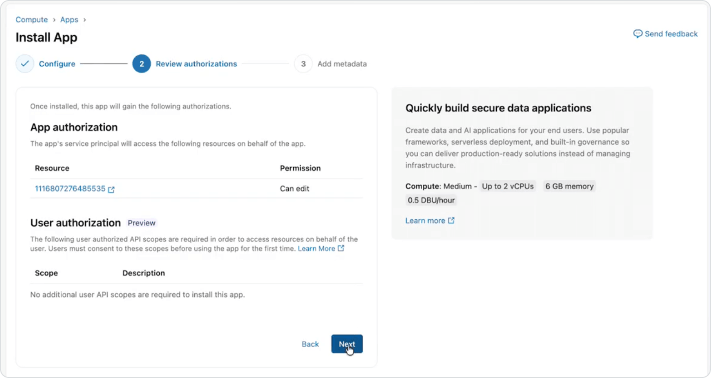 Databricks Apps 설치 화면 — 앱 권한 검토 단계에서 서비스 주체의 리소스 접근 권한과 사용자 API 범위를 확인하는 보안 승인 프로세스