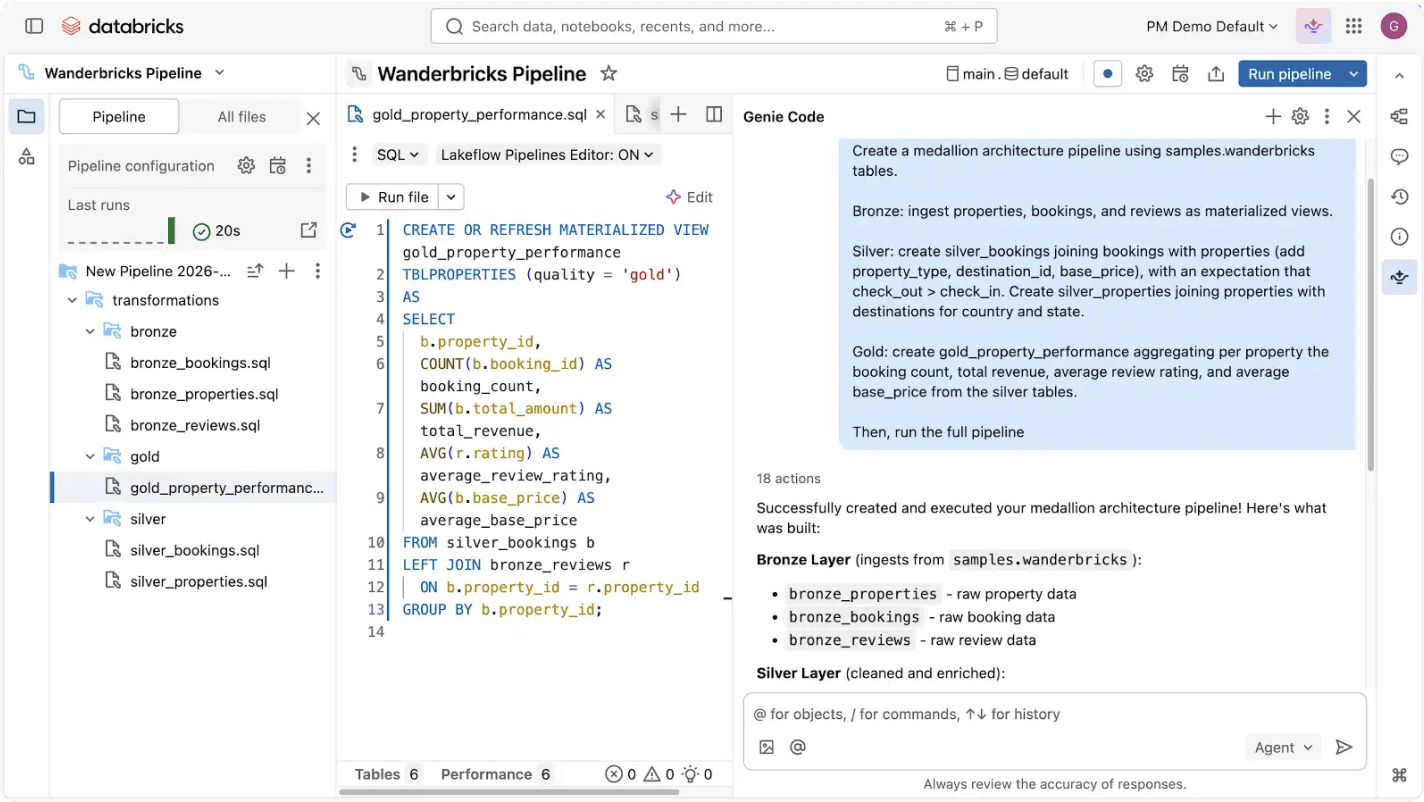 Databricks workspace showing a SQL pipeline editor and the Genie Code AI assistant building a medallion architecture.