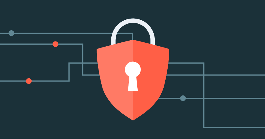 Red shield padlock, digital security.