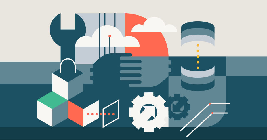 Abstract illustration: Cloud, data, security, process.