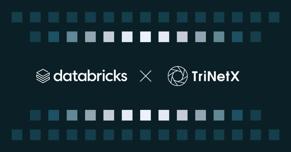 Databricks × TriNetX partnership banner with both logos centered on a dark background framed by rows of gradient squares.