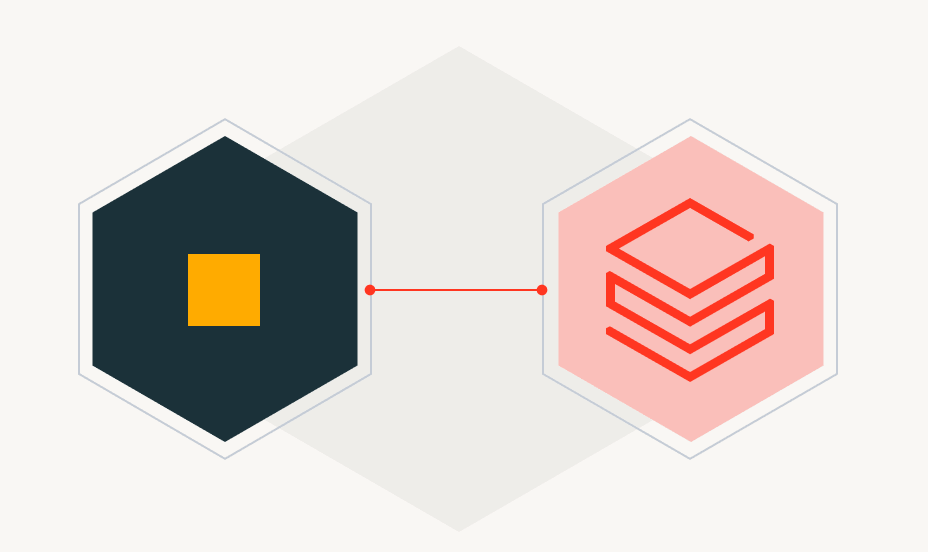 Hexagon with square icon connecting to stacked icon.