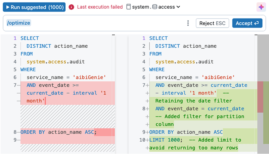 SQL query diff showing suggested optimizations.