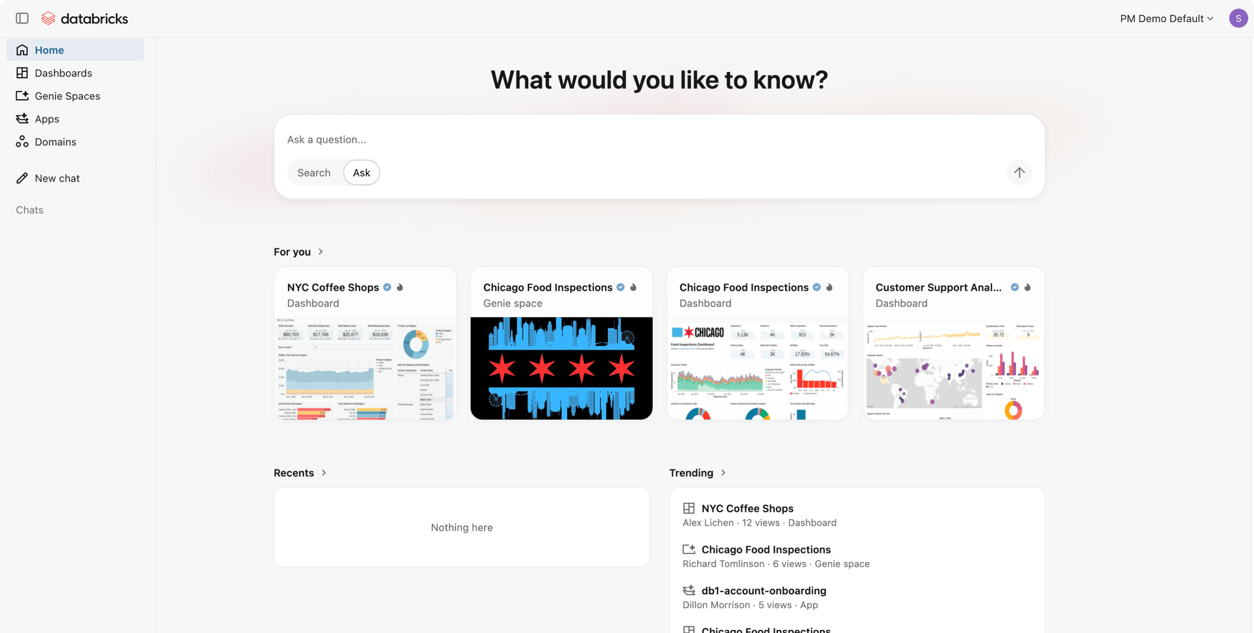 Databricks UI: search bar & data dashboards.