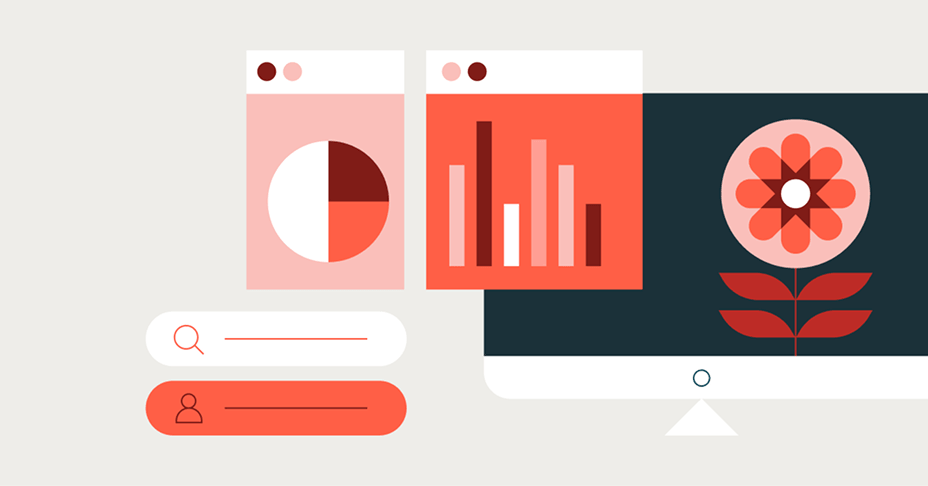Digital data & nature: charts, search, flower on screen.