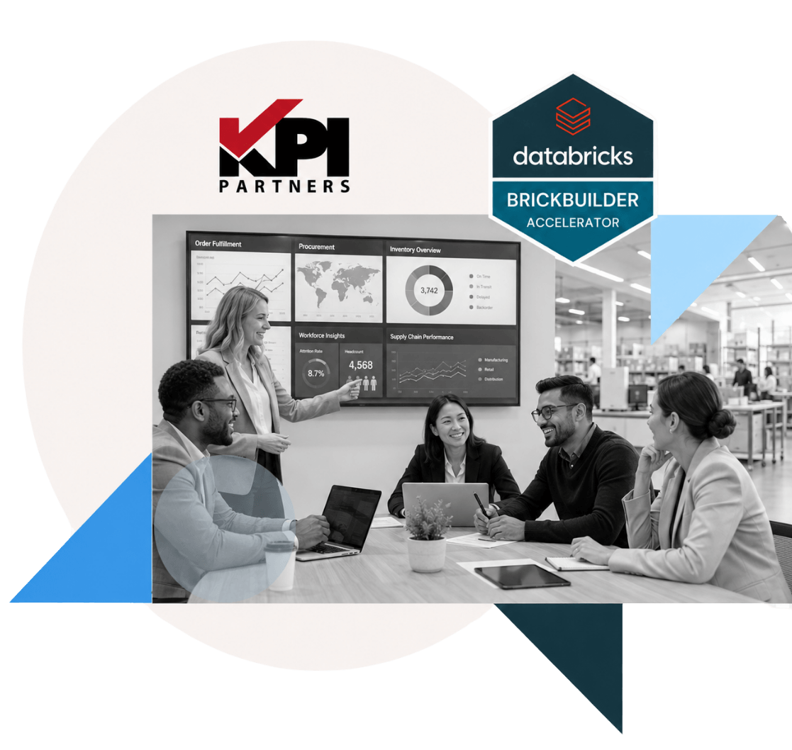 Professionals discuss data dashboards with logos.
