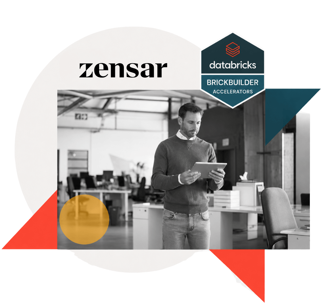 Man with tablet, Zensar & Databricks logos