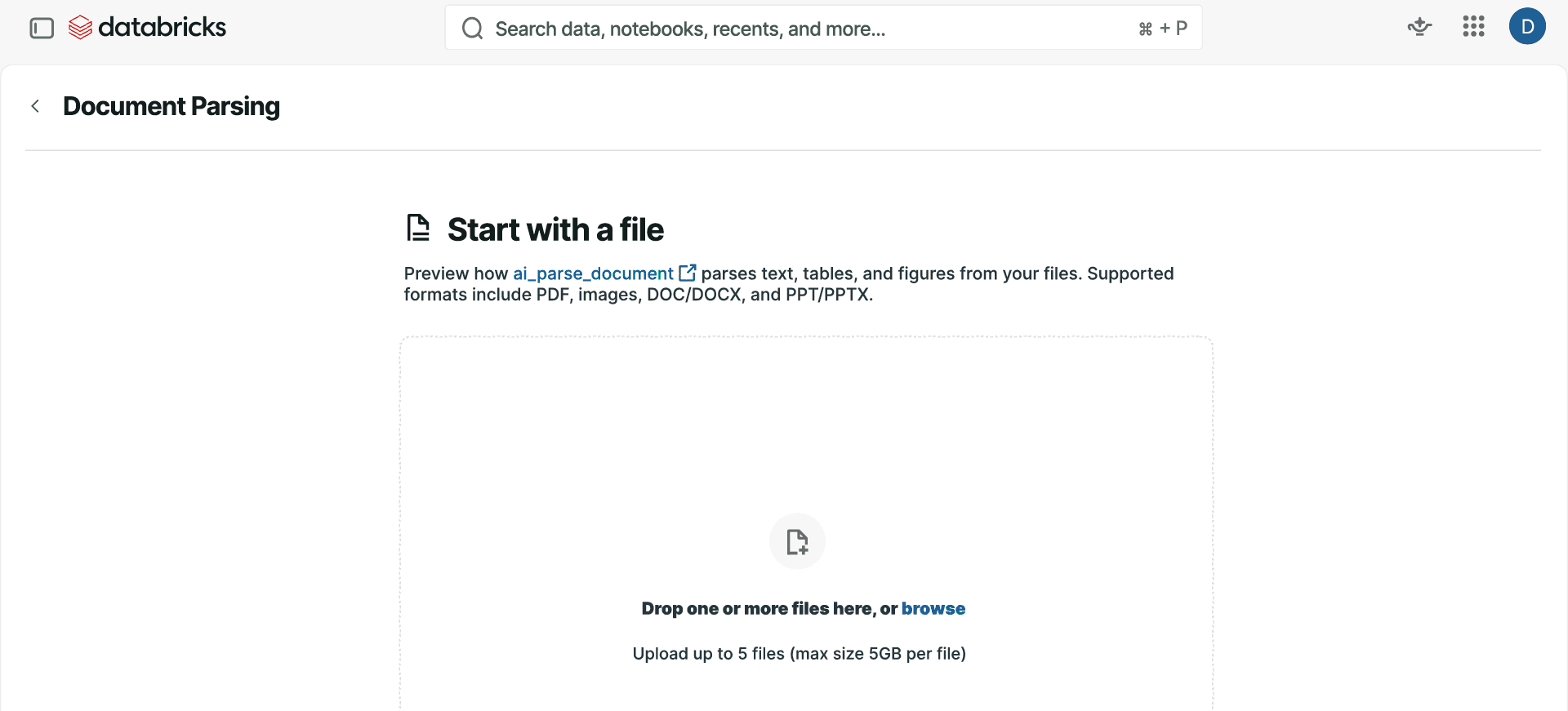 Databricks Document Parsing file upload.