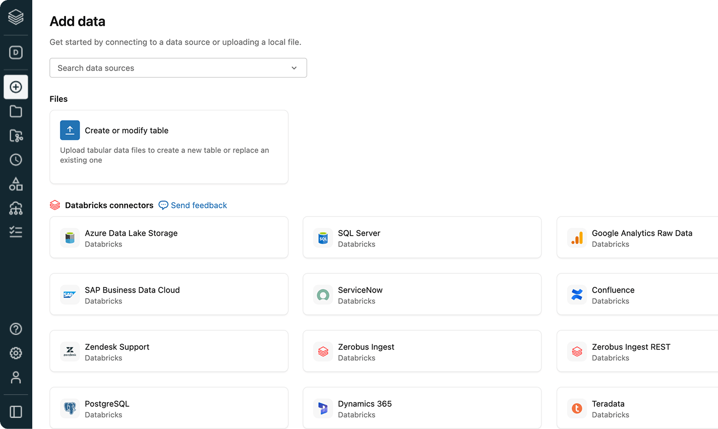 Add data page showing connectors and file upload.