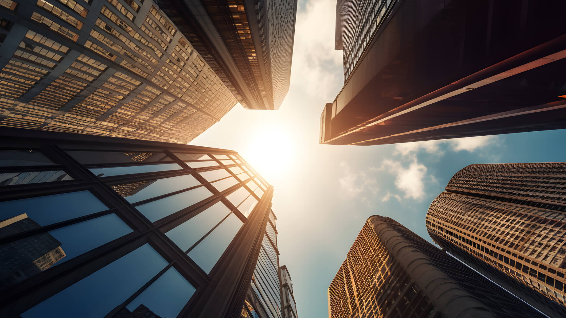 Sun-drenched urban skyscrapers from low angle.