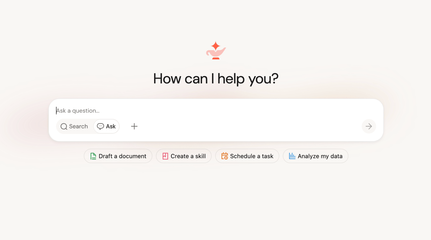AI assistant interface with search, ask, and task options.