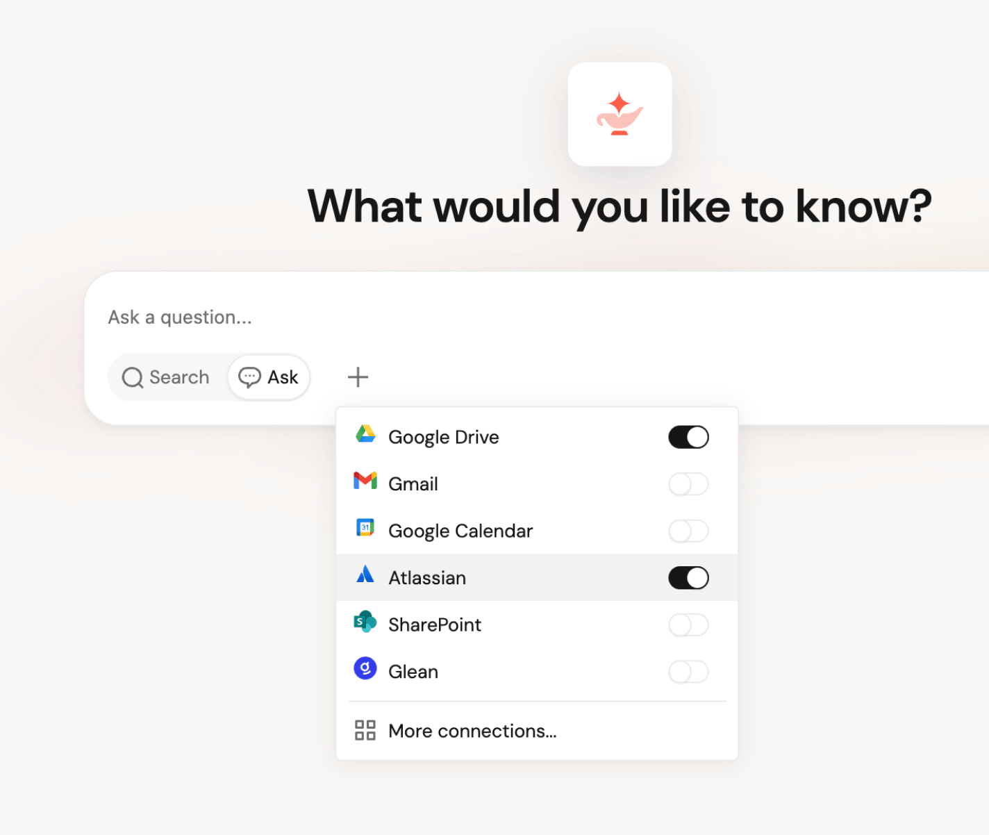 Ask a question UI with app integration toggles