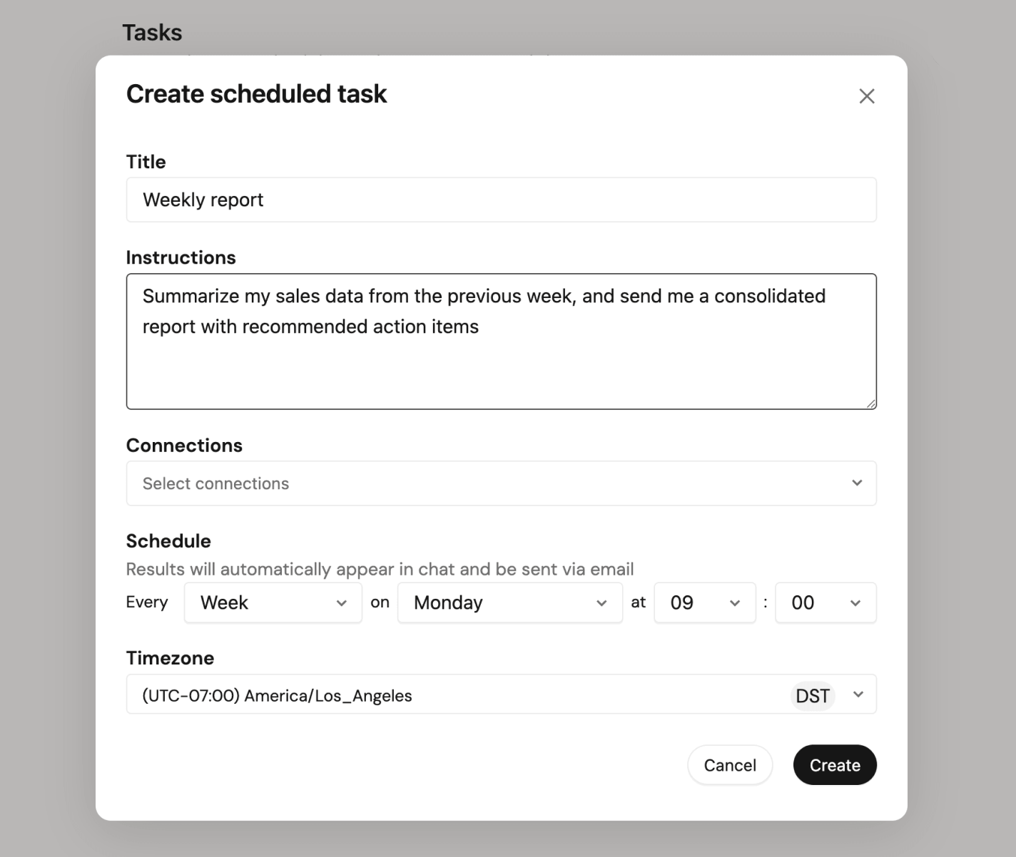 Scheduled task form for Weekly report Mon 9am.