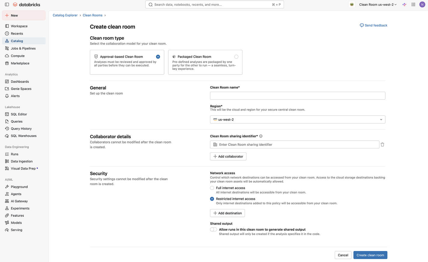 Databricks 'Create clean room' configuration page.