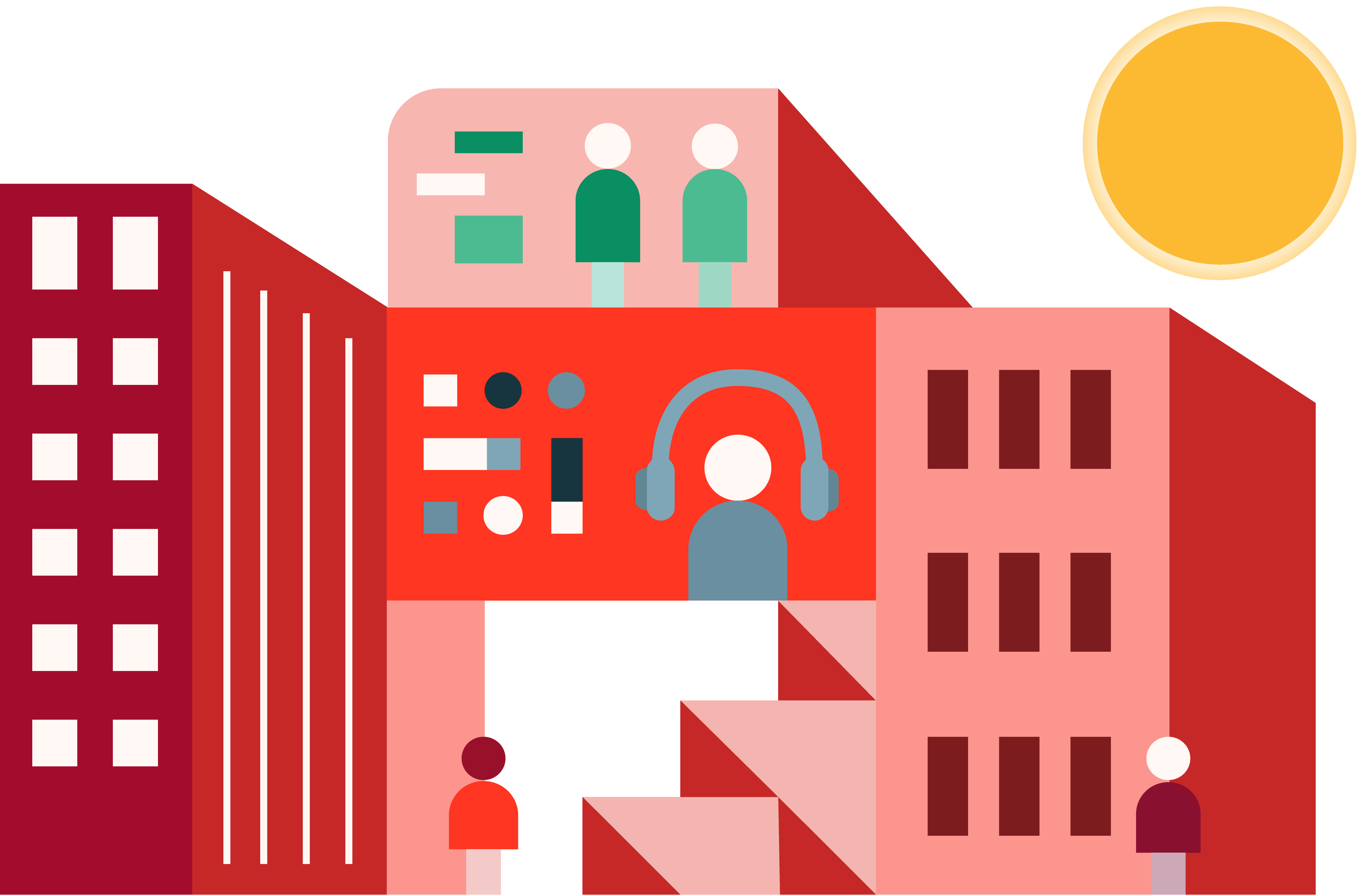 Cityscape with buildings, people, and tech icons.