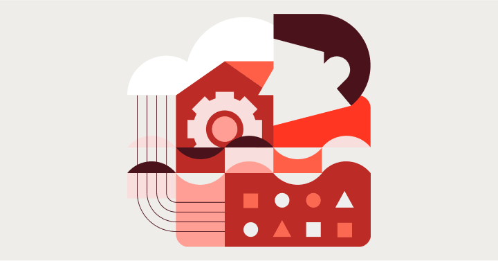 Abstract image of cloud, gear, person, and data.