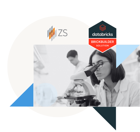Woman with microscope, ZS & Databricks logos.
