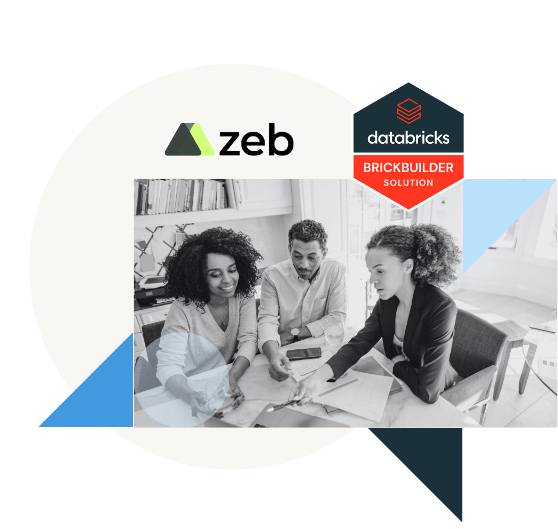 Three people in meeting with Zeb & Databricks logos