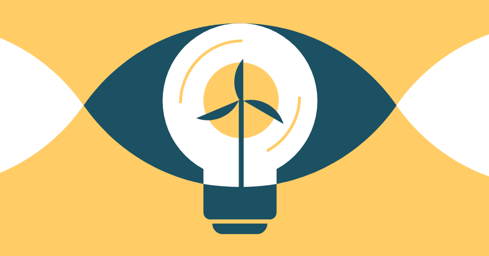Eye shape with lightbulb and wind turbine.