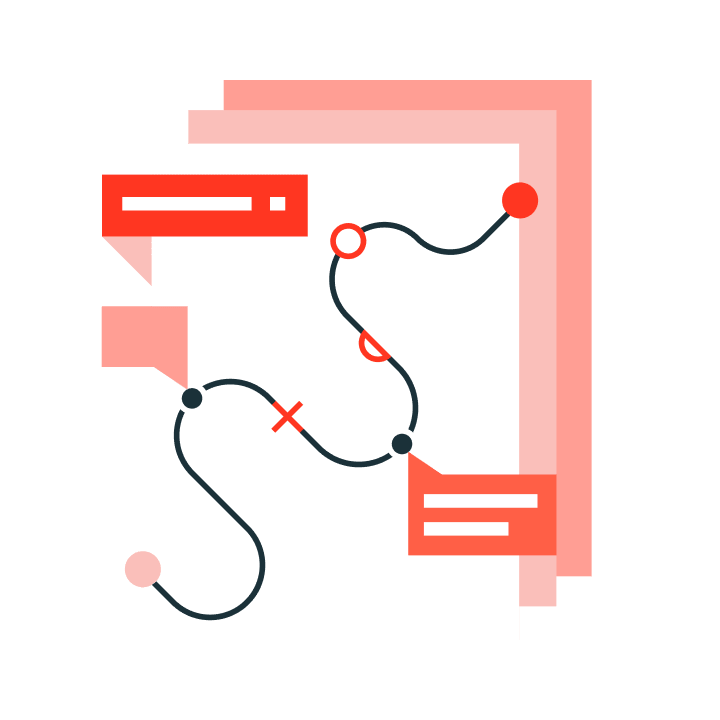 Abstract process flow with milestones & alerts.