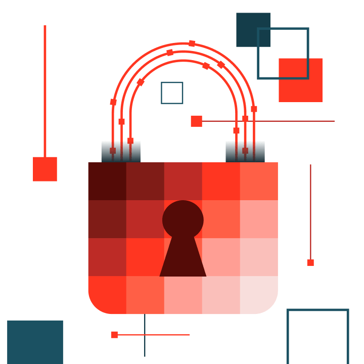 Red pixelated padlock with abstract data lines.