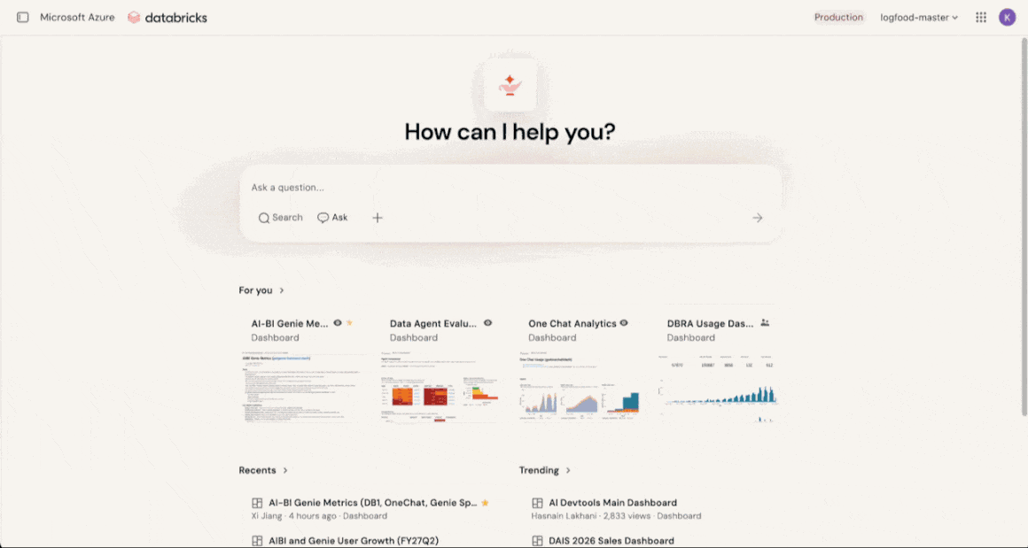 Databricks homepage with AI search & dashboards.